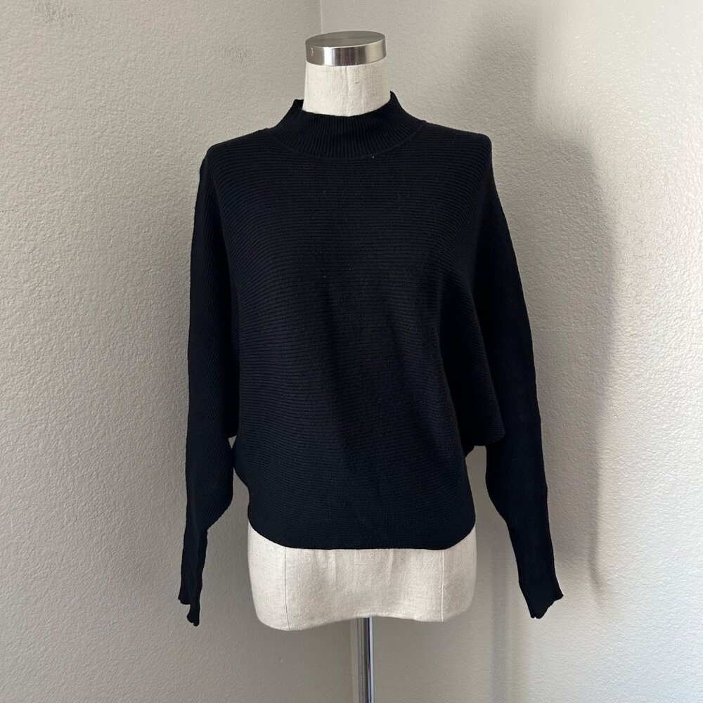 Zara Rib Knit Sweater Mock Neck Bat Sleeves Minimalist Black Sz M